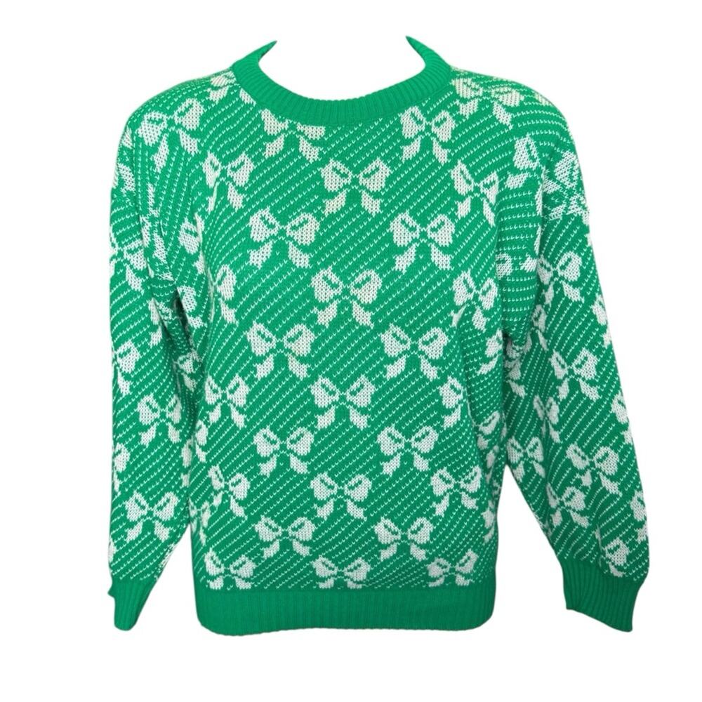 Vintage 80s Green White Bow Sweater Retro Coquette Knit Pullover Acrylic M
